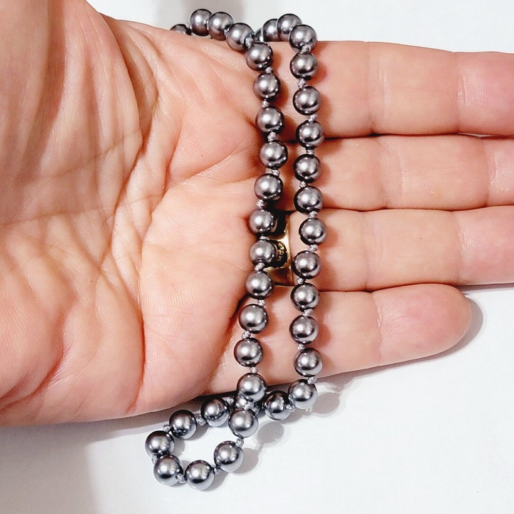 Vintage Gunmetal Gray Faux Pearl Long Beaded Necklace, 20", Elegant Blue/Gray